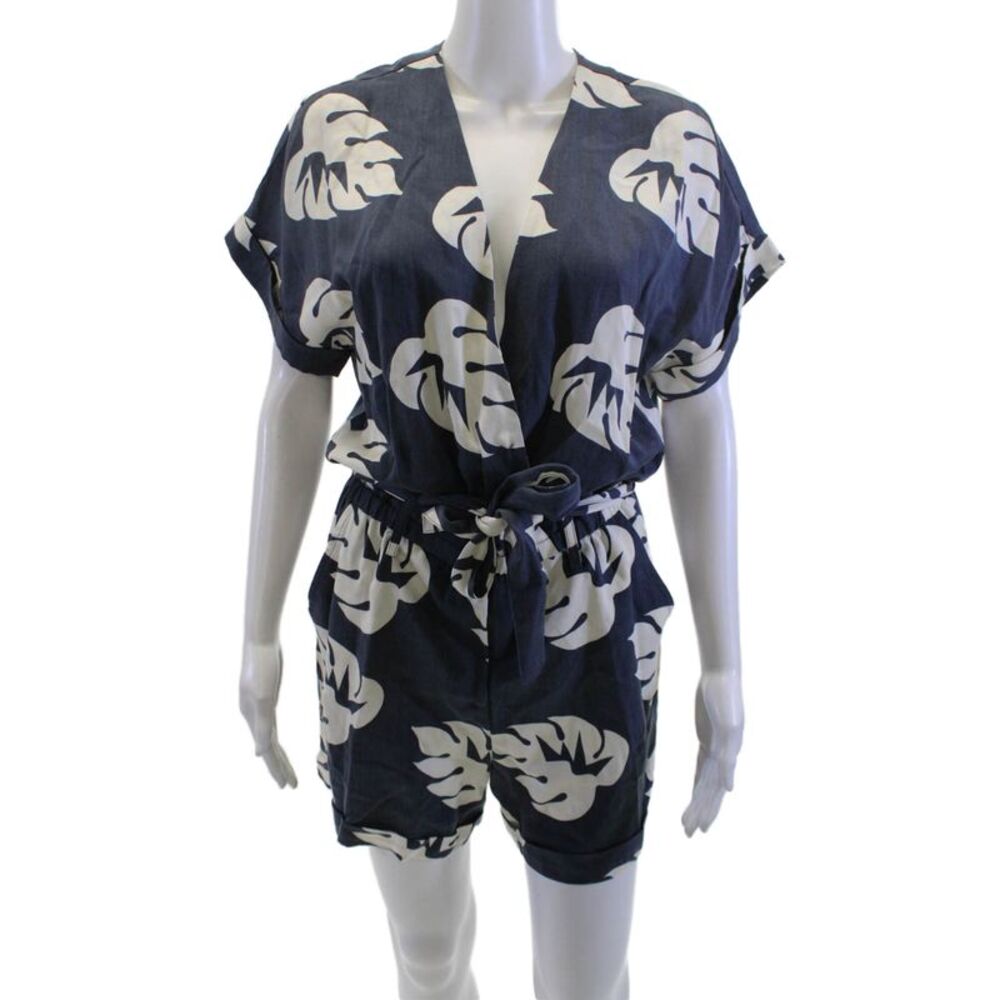 Jazmin Chebar Womens Dark Blue Floral V Neck Short Sleeve Romper Size 4